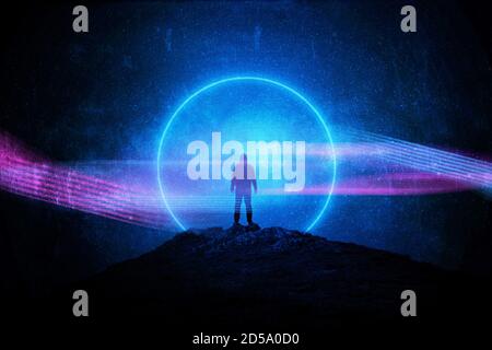Eine Silhouette eines Mannes, der vor einem leuchtenden, glitzernden Neonhintergrund steht Stockfoto