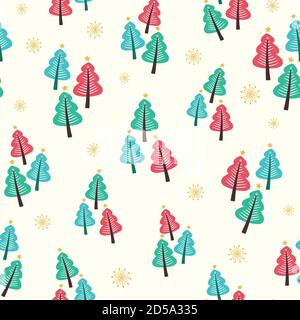 Weihnachtsbaum Muster Hintergrund-Design. Cute saisonale Vektor nahtlose Wiederholung Illustration von Bäumen, Sternen und Schneeflocken. Stock Vektor