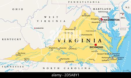 Virginia, VA, politische Karte. Commonwealth of Virginia. Staat im Südosten und Mittelatlantik der Vereinigten Staaten. Hauptstadt Richmond. Stockfoto