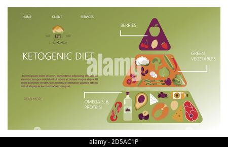 Website. Pyramide der Ernährung auf der Keto-Diät. Lebensmittel, die Berechnung von Wasser, Getränke, Fett, Eiweiß und Kohlenhydrate für eine gesunde Ernährung nach der Keto-Diät. Infografiken von gesunden Lebensmitteln. Eine Broschüre zur Einarbeitung und Einhaltung des Ernährungsplans. Poster für Werbung, Poster oder Banner für Menschen, die Gewicht verlieren. Stock Vektor