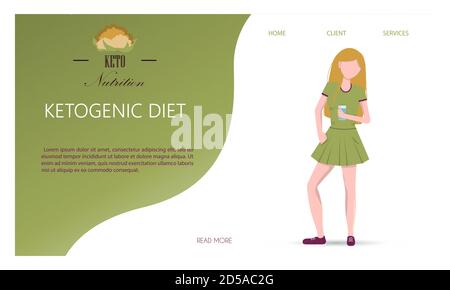 Website der Ernährung auf der Keto-Diät. Lebensmittel, die Berechnung von Wasser, Getränke, Fett, Eiweiß und Kohlenhydrate für eine gesunde Ernährung nach der Keto-Diät. Infografiken von gesunden Lebensmitteln mit jungen Frauen. Eine Broschüre zur Einarbeitung und Einhaltung des Ernährungsplans. Poster für Werbung, Poster oder Banner für Menschen, die Gewicht verlieren. Stock Vektor