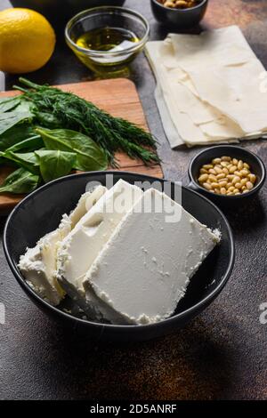 Traditioneller Feta-Käse in schwarzer Schüssel Seitenansicht vor den Zutaten. Stockfoto