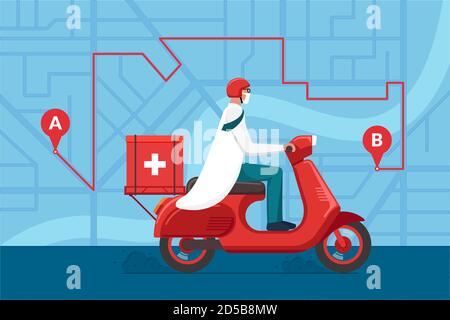 Medizin Motorrad Lieferung Apotheke. Männlich Arzt im Helm Reiten Retro-Roller mit medizinischen chirurgischen Sanitär-Box erste Hilfe auf Stadt Straßenkarte Plan mit Navigation Route. Vektorgrafik flach Stock Vektor