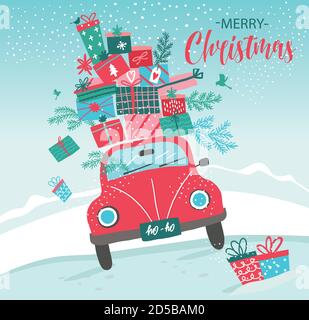 Vektorbild mit rotem Auto und Weihnachtsgeschenke. Weihnachtsbild. Roter Pickup. Lieferservice für Illustrationen zum neuen Jahr. Stock Vektor