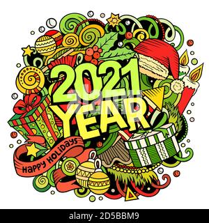 2021 Handgezeichnete Kritzelabbildung. Neujahr Objekte und Elemente Poster Stock Vektor