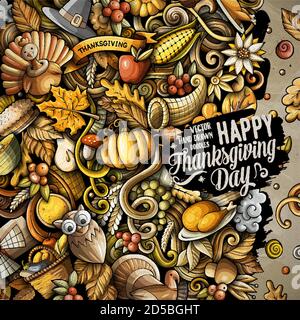 Cartoon Vektor Kritzeleien Happy Thanksgiving Day Rahmen Stock Vektor