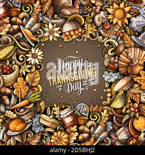 Cartoon Vektor Kritzeleien Happy Thanksgiving Day Rahmen Stock Vektor