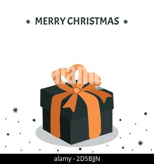 Vektorgrafik. Die festliche Box ist mit einem gelben Band und Schleife mit Schneeflocken gebunden. Stock Vektor