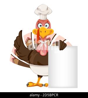 Alles Gute Zum Erntedankfest. Lustige Zeichentrickfigur Thanksgiving Türkei Vogel in der Nähe von leeren Plakat stehen. Vektorgrafik isoliert auf weißem Hintergrund Stock Vektor
