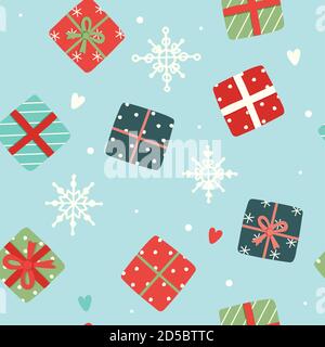 Weihnachtsmuster mit niedlichen Geschenken, Vektor-Illustration im flachen Stil Stock Vektor