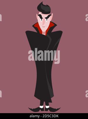 Vampir versteckt sich unter dem Mantel. Halloween-Charakter im Cartoon-Stil. Stock Vektor