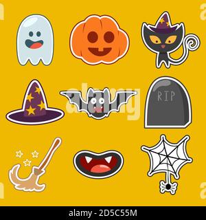Halloween niedliche flache Ikonen setzen Geist, Kürbis, Fledermaus, Hexenhut und Besen, Spinnennetz mit Spinne, schwarze Katze, Grabstein und Vampirmund. Stock Vektor