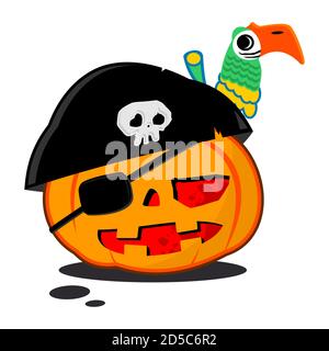 Kürbis im Piratenkostüm mit Papagei. Vektor-Charakter für Halloween isoliert auf einem weißen Hintergrund. Stock Vektor