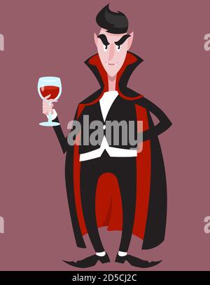 Vampir hält ein Glas Blut. Halloween-Charakter im Cartoon-Stil. Stock Vektor