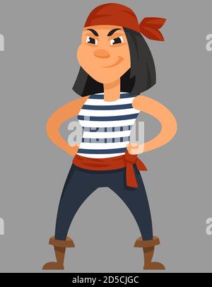 Weibliche Piratin mit Händen am Gürtel. Lächelnde Figur im Cartoon-Stil. Stock Vektor