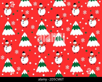 Wintermuster mit Schneeflocken und Schneemännern. Winter Weihnachtsbäume und Schneemann auf rotem Hintergrund. Vektor Nahtloses Muster. Kann für Geschenkpapier verwendet werden. Stock Vektor