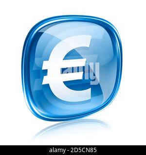 Euro Icon blaues Glas, isoliert auf weißem Hintergrund Stockfoto
