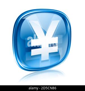 Yen Icon blaues Glas, isoliert auf weißem Hintergrund Stockfoto