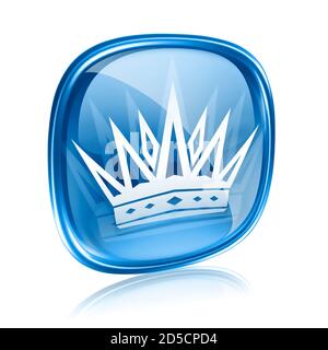 Crown Icon blaues Glas, isoliert auf weißem Hintergrund. Stockfoto