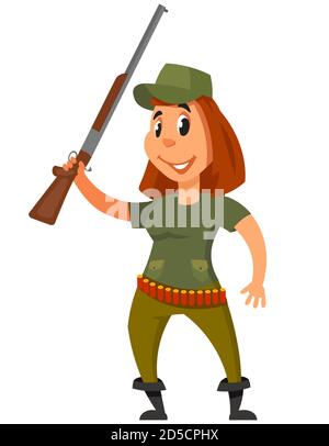 Standing Hunter Vorderansicht. Weibliche Figur im Cartoon-Stil. Stock Vektor