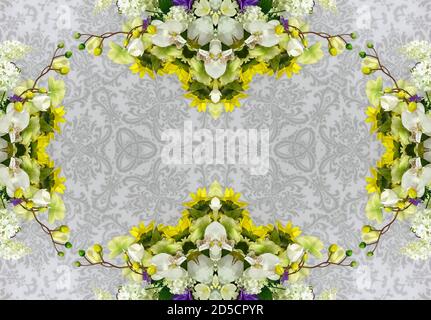 Blumen, visuelle Wirkung eines Spiegels, Raum für Texteingabe, abstrakte Tapete, voller Farben, seltsame Ornamente und Formen, Hintergrund mit schönen Geo Stockfoto