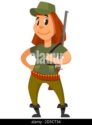 Hunter hält Gewehr auf ihrer Schulter. Weibliche Figur im Cartoon-Stil. Stock Vektor