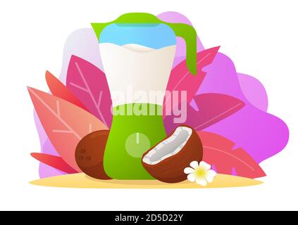 Mixer Kokosmilch.flache Vektorgrafik. Natürliches Getränk mit tropischen Nüssen. Vegane und vegetarische Speisen. Stock Vektor