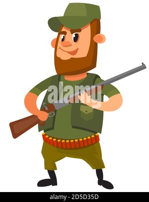 Jäger hält Gewehr. Männliche Figur im Cartoon-Stil. Stock Vektor