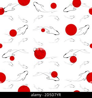 Koi Fisch nahtlose Muster Vektor-Illustration in minimalistischem Stil mit roten Punkten auf weißem Hintergrund. Muster für Stoff, Tapete und Hintergrund. Stock Vektor