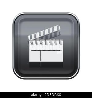 Film Klapper Board Symbol glänzend grau, isoliert auf weißem Hintergrund. Stockfoto