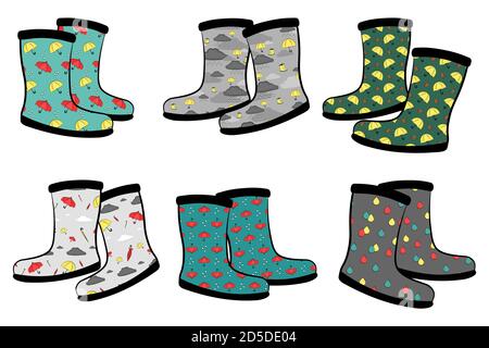 Satz Gummistiefel mit verschiedenen Drucken. Wasserdichte Schuhe für saisonales Design in flacher Optik. Isolierte Vektordarstellung von Gummistiefeln zum Schutz Stock Vektor