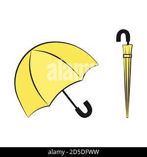 Gelbes Regenschirm-Vektor-Symbol-Set-Abbildung in geöffnet und geschlossen Position auf weißem Hintergrund Stock Vektor