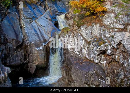 Falls of Bruar, in der Nähe von Blair Atholl, Perthshire, Schottland, Großbritannien. 13. Oktober 2020. Herbstfarbe zeigt neben den Wasserfällen in Perthshire. Stockfoto