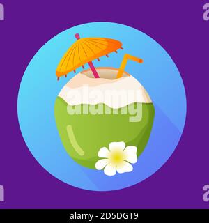 Strand Cocktail Coco Icon.Pina Colada in Kokosnuss mit Stroh, Sonnenschirm, Blume. Stock Vektor