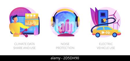 Gemeinsame Nutzung von Klimadaten, Lärmschutz, Nutzung von Elektrofahrzeugen Vektorkonzepten. Stock Vektor