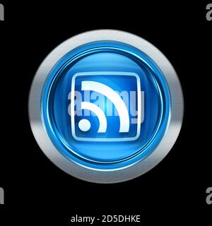WIFI-Symbol blau mit Metallic-Einfassung. Isoliert auf schwarzem Hintergrund. Stockfoto