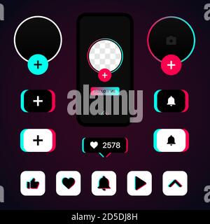 TikTok Social Media-Set. TikTok Duotone Symbole und Elemente. Wische Über Das Symbol. Abonnieren, Gefällt Mir-Symbol. Wiedergabesymbol. Vektorgrafik Auf Verlaufshintergrund Stock Vektor