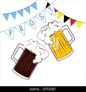 Becher mit Lager und dunklem Bierplakat prost zum oktoberfest Auf weißem Hintergrund Stock Vektor