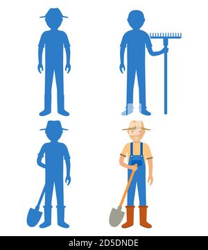 Finden Sie die richtige Schatten Farmer.Educational Spiel für Kinder Dorfbewohner. Stock Vektor