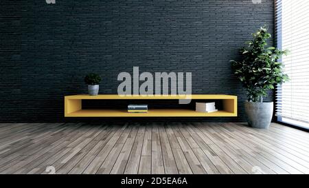 Minimalistisches Design tv-Raum für moderne Büro oder zu Hause. Gedanke Design-Idee mit schwarzen Ziegelwand, kleine Pflanze 3D-Rendering Stockfoto