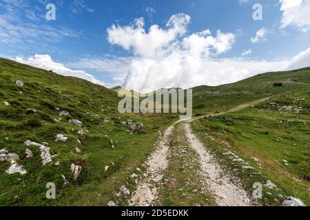 Monte Baldo (Baldo-Berg), Rücken von Naole. Gebirgskette zwischen Gardasee und Etschtal. Alte Militärstraße und grüne Wiesen, Italien. Stockfoto