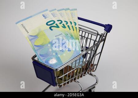 Blick auf isolierten Warenkorb Modell mit Euro-Währung Papierrechnungen, weiß leeren Hintergrund - Kaufkraft und Bruttonationalproduktkonzept Stockfoto