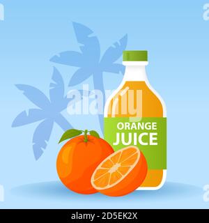 Flasche Orangensaft. Tropischer Zitrussaft. Flache Vektorgrafik. Stock Vektor