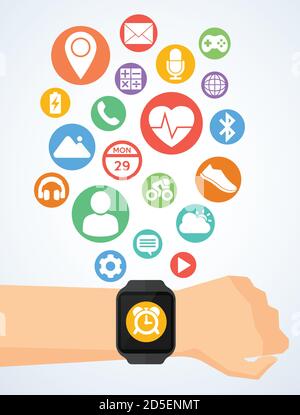 Hand mit Smartwatch und Anwendungssymbolen auf Smartwatch Stock Vektor