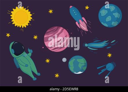 Abenteuer im Weltraum. Astronaut, Flugrakete, sputnik, Komet, Sonne, Sterne, Saturn, Erde und andere Planeten. Vektor-Illustration in niedlichen Cartoon Stock Vektor