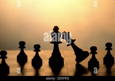 Schachfiguren, die dramatisch mit König und Königin in Silhouette vor einem warmen Hintergrund angeordnet sind Stockfoto