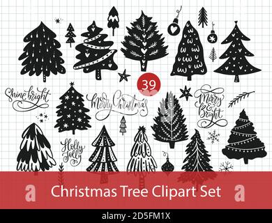 Set von weihnachtsbäumen. Weihnachtsvektor Baum in einfachen Stil gesetzt. Winter-Illustrationen mit fröhlichen Weihnachtszitaten. Weihnachtskollektion. Stock Vektor