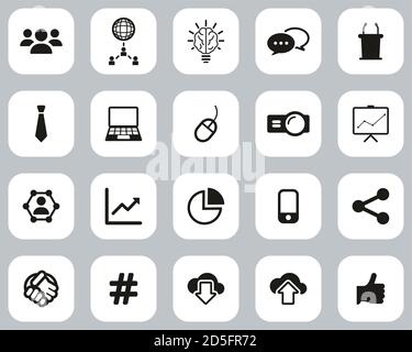 Geschäftspräsentation Oder Sales Pitch Icons Black & White Flat Design Set Groß Stock Vektor