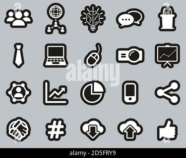 Business-Präsentation Oder Sales Pitch Icons Weiß Auf Schwarz Aufkleber Groß Einstellen Stock Vektor