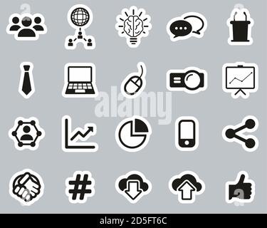 Geschäftspräsentation Oder Sales Pitch Icons Schwarz & Weiß Aufkleber Groß Einstellen Stock Vektor